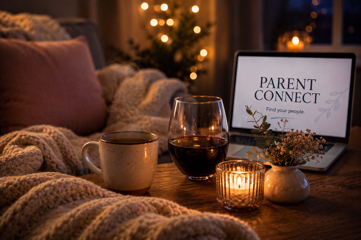 Cozy setting with a knit blanket and pillow on a couch, a ceramic mug, a glass of red wine, a lit candle, a small vase with flowers on a wooden table, and a laptop displaying the text 'PARENT CONNECT Find your people.' in a warmly lit room.