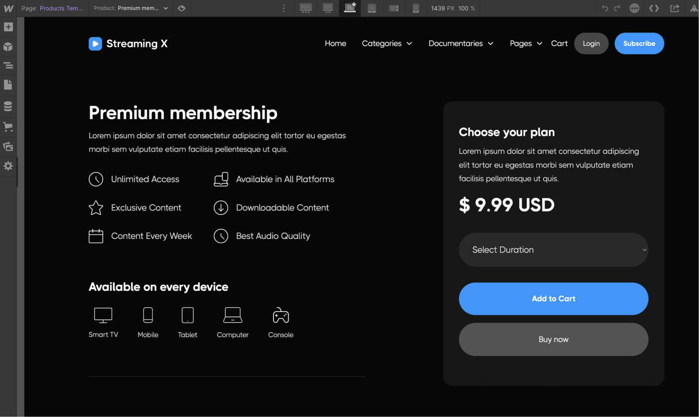 eCommerce Product - Streaming X Webflow Template