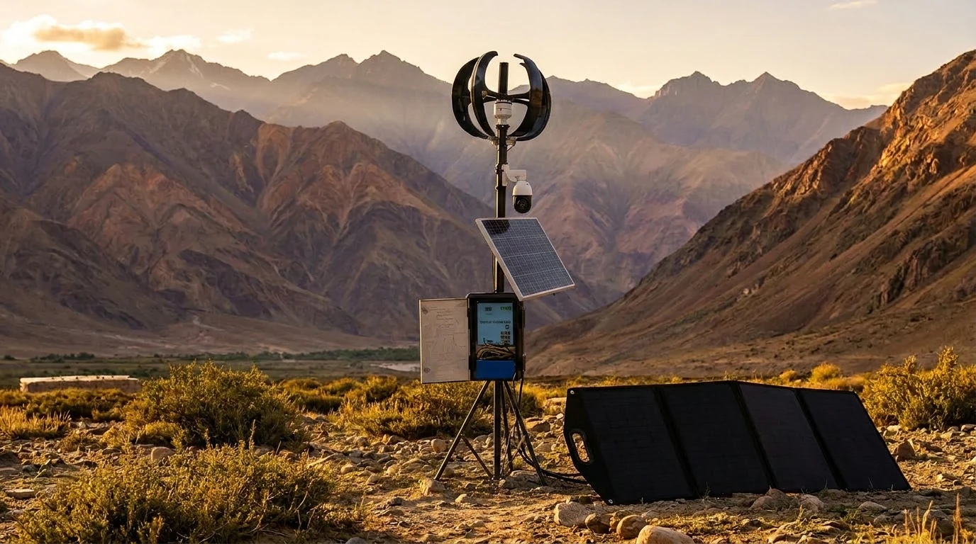 Rasnal Hybrid Power Network Switch deployed in Leh Ladakh with vertical wind turbine, solar panel, PTZ camera and battery enclosure against Himalayan mountain backdrop at golden hour