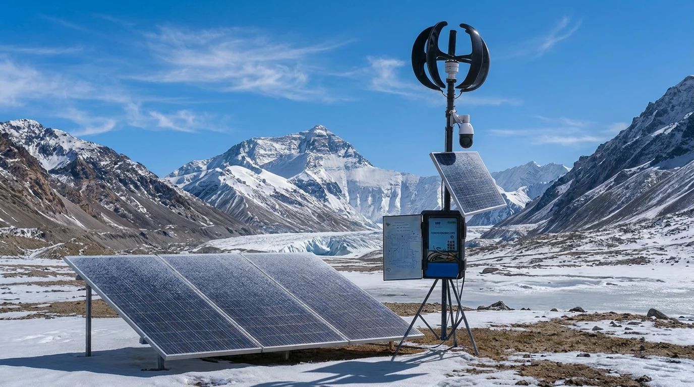 Rasnal Hybrid Power Network Switch installed at a high-altitude snow-covered glacier site with large solar panel array, vertical wind turbine and PTZ surveillance camera against snow-capped Himalayan peaks