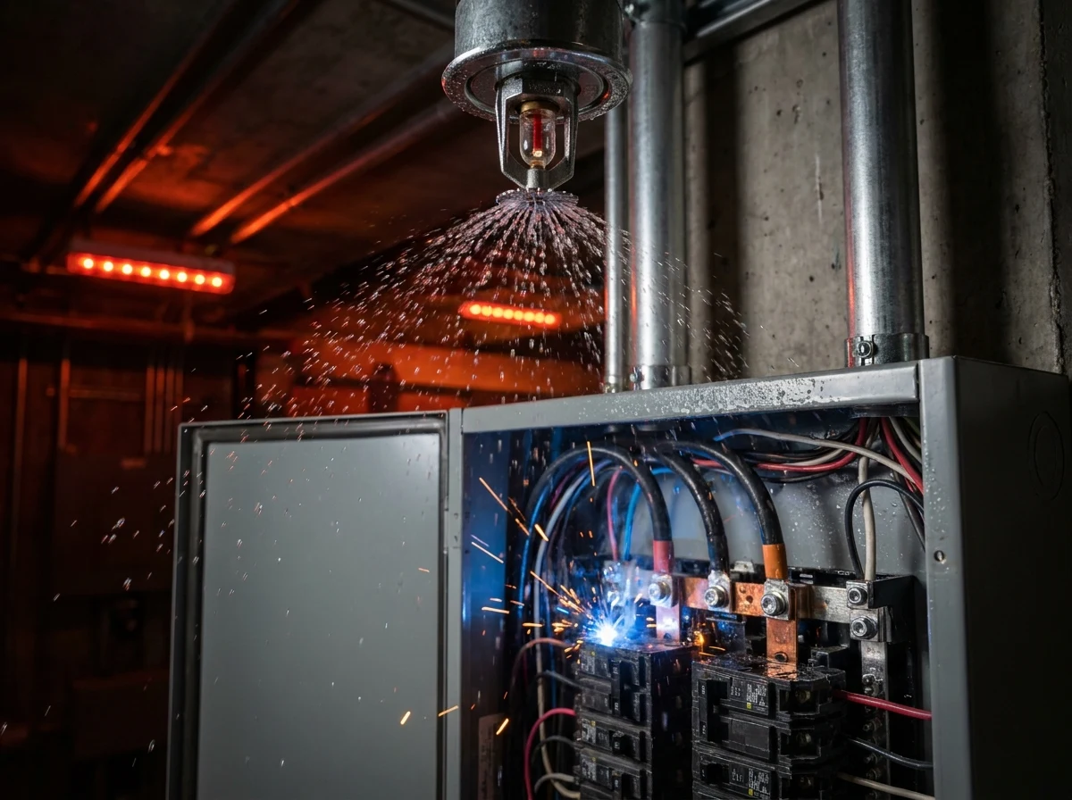 Ceiling-mounted fire sprinkler discharging water over an open electrical panel causing short-circuit sparks — illustrating why sprinklers are unsafe for electrical enclosure fire protection