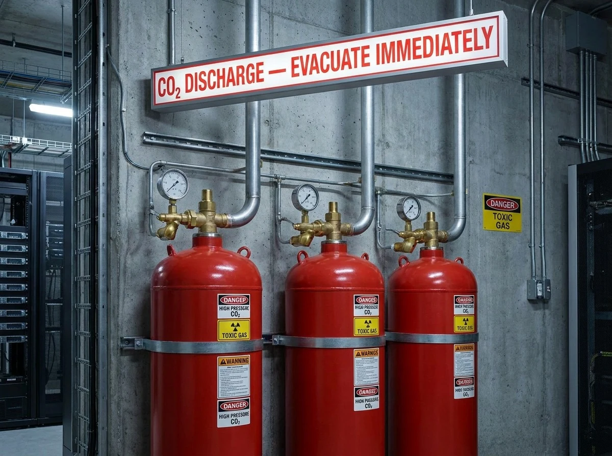 Three high-pressure CO₂ fire suppression cylinders with evacuation warning sign installed in a server room — showing the human safety limitations of CO₂ systems in occupied electrical spaces