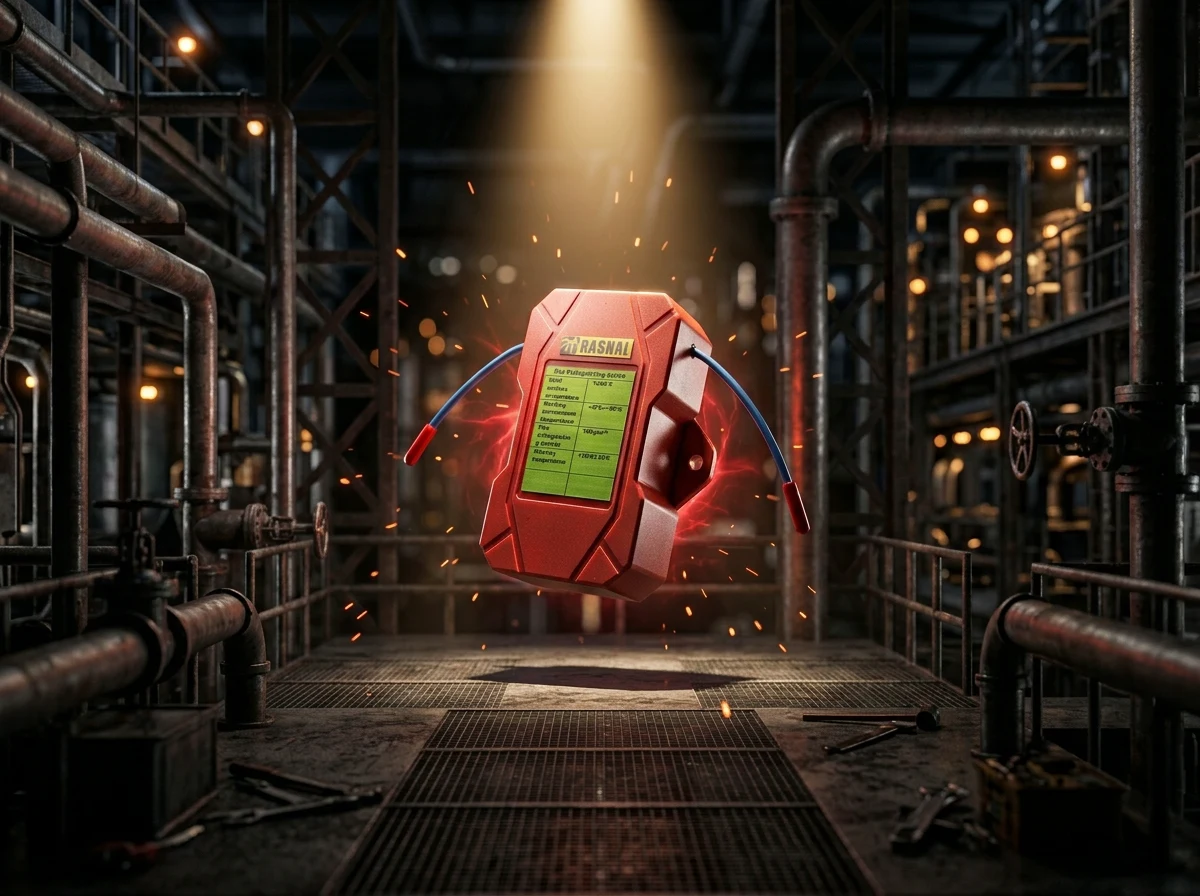 Rasnal HAFED automatic aerosol fire extinguishing device with heat-sensitive triggering wire, shown in an industrial facility — compact fire suppression system for electrical panels, telecom cabinets, and industrial enclosures