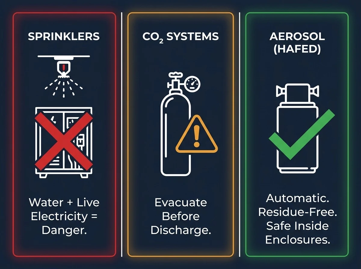 Infographic comparing three fire suppression systems for electrical panels — sprinklers marked dangerous, CO₂ systems marked caution, and HAFED aerosol marked as automatic, residue-free, and safe inside enclosures