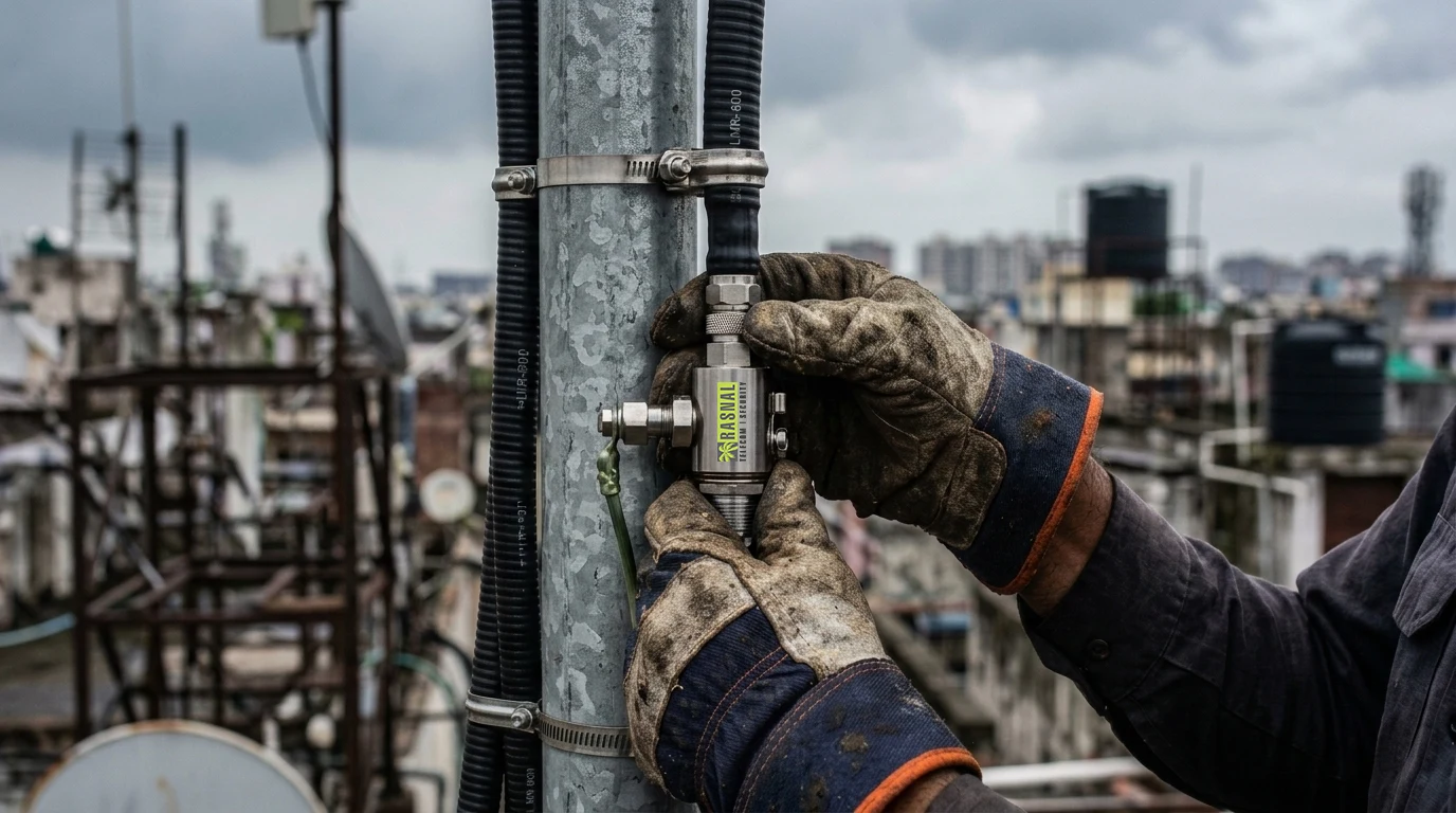Field engineer installing Rasnal coaxial surge protector inline on a corrugated feeder cable at the base of a telecom antenna mast on a rooftop in Chandigarh