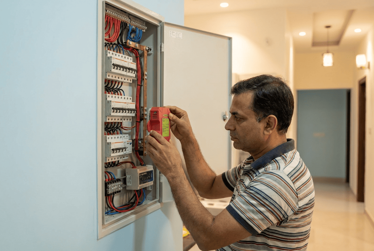 Technician fitting a compact fire suppression unit inside an open electrical panel in a building corridor, used for the heat aerosol blog.