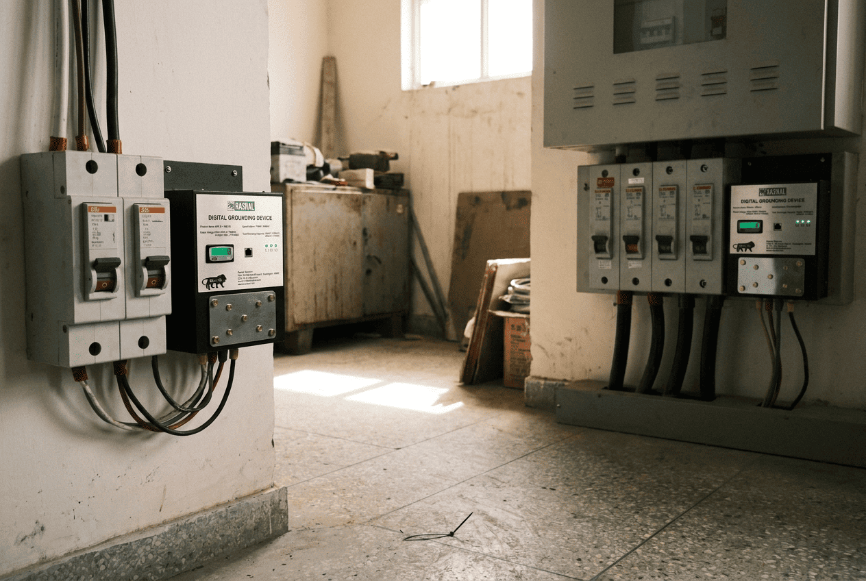 Single-phase and three-phase electrical boards in an Indian room, each with a Rasnal digital grounding device mounted beside it.