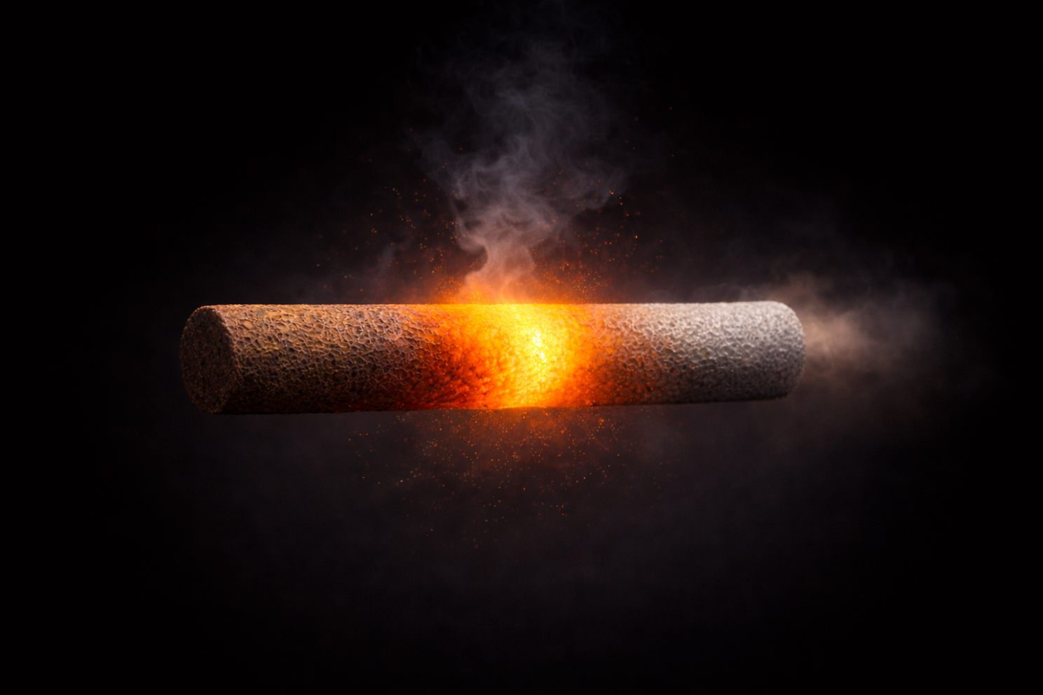 Conceptual illustration of solid-state iron oxidation releasing heat, shown as a glowing iron structure against a dark background.