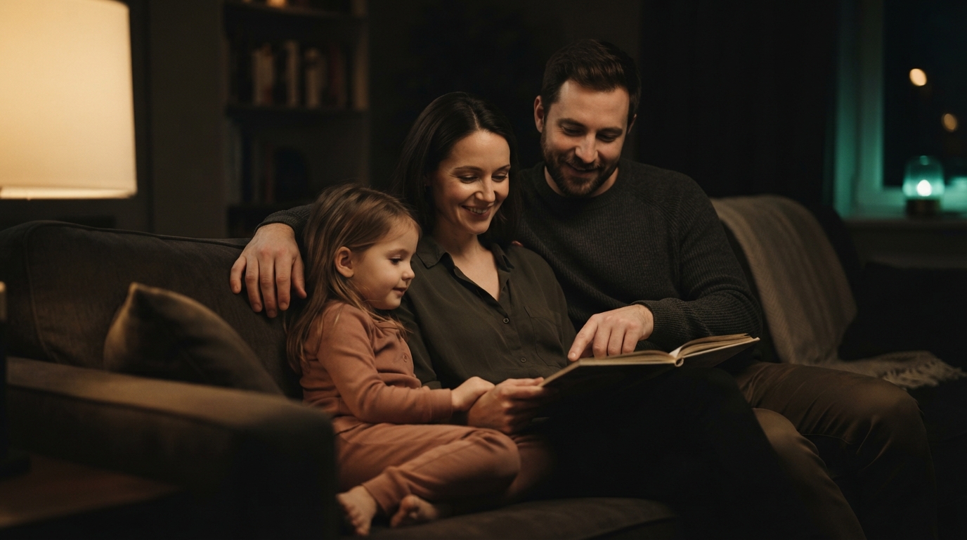 Family reading together at home