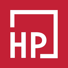 HP logo with white letters inside a white square outline on a red background.
