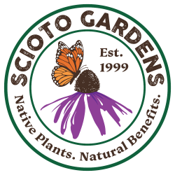 Scioto Gardens logo featuring an orange butterfly on a purple flower with the text 'Est. 1999' and 'Native Plants. Natural Benefits.'