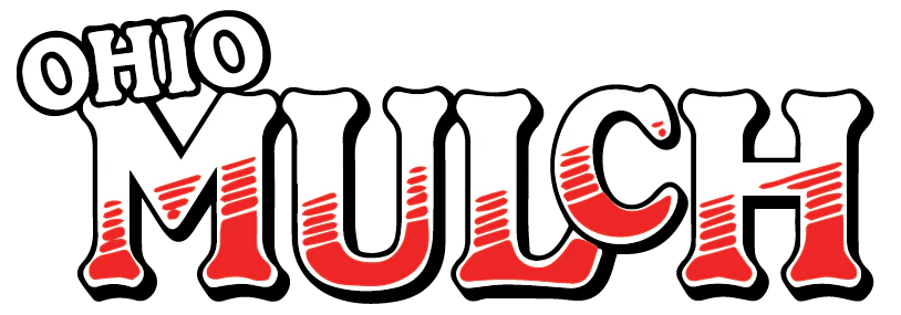 Ohio Mulch logo featuring bold stylized text with the word Ohio in white and Mulch in red with white stripes.
