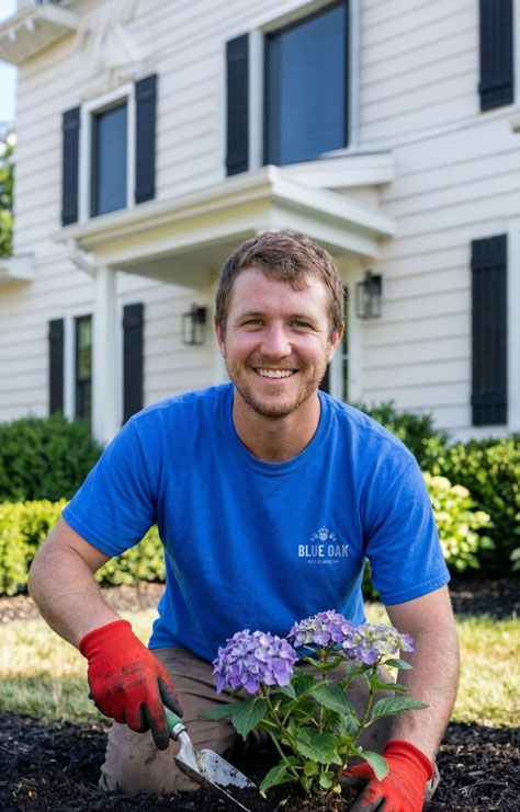 Smiling man in a blue Blue Oak t-shirt and red gloves planting a purple hydrangea in a garden bed in front of a white house.