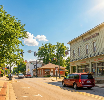 Sunny small-town street with cars, green trees, and storefronts including an ice cream shop and post office.