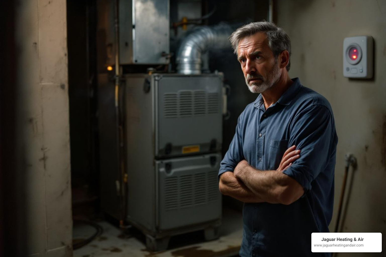 infographic showing five emergency heating warning signs: no heat production, gas or burning smell, carbon monoxide alarm sounding, strange loud noises from furnace, and water pooling under heating unit - heating installation emergency in Elk Grove, CA