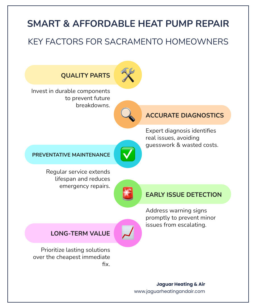 Infographic showing the key factors in finding affordable heat pump repair: quality parts versus cheap alternatives, importance of proper diagnostics, how preventative maintenance saves money, warning signs that indicate immediate repair needs, and the difference between short-term savings and long-term value - heat pump repair affordable in Sacramento, CA infographic infographic-line-5-steps-colors