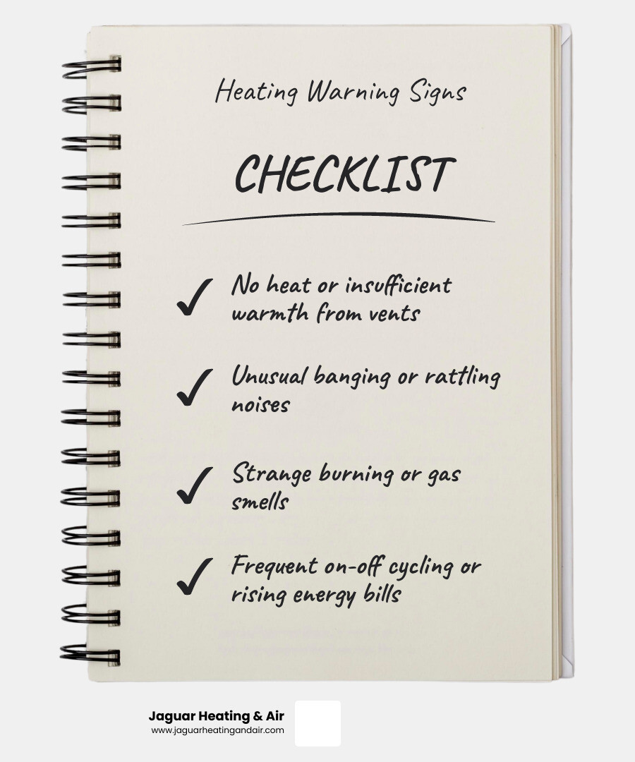 Infographic showing common heating repair warning signs including no heat or insufficient warmth, unusual banging or rattling noises, strange burning or gas smells, rising energy bills, and frequent on-off cycling, with icons for professional diagnosis, repair, testing, and maintenance - heating repair in sacramento, ca infographic checklist-notebook