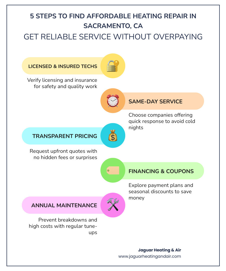 Infographic showing 5 steps to find affordable heating repair in Sacramento CA: Step 1 - Look for licensed and insured technicians; Step 2 - Ask about same-day service availability; Step 3 - Request upfront transparent pricing with no hidden fees; Step 4 - Check for financing options and seasonal coupons; Step 5 - Schedule annual maintenance to prevent costly emergency repairs; include icons for a furnace, a checklist, a calendar, a dollar sign, and a shield for each step respectively, with Sacramento skyline in the background and warm neutral tones throughout - heating repair affordable in sacramento, ca infographic infographic-line-5-steps-colors