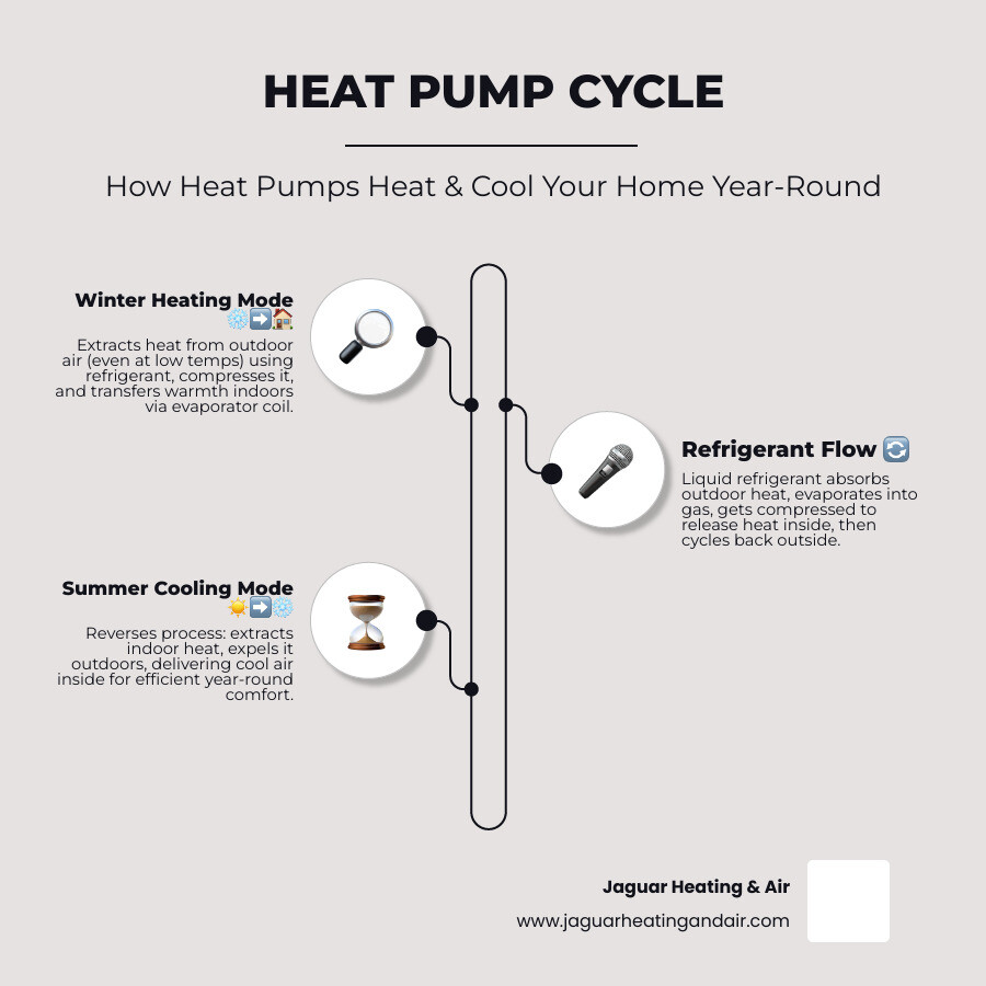 infographic showing heat pump heating and cooling cycle with outdoor unit extracting heat in winter and expelling heat in summer, including refrigerant flow direction and indoor comfort levels - heat pump installation near me in elk grove, ca infographic infographic-line-3-steps-elegant_beige