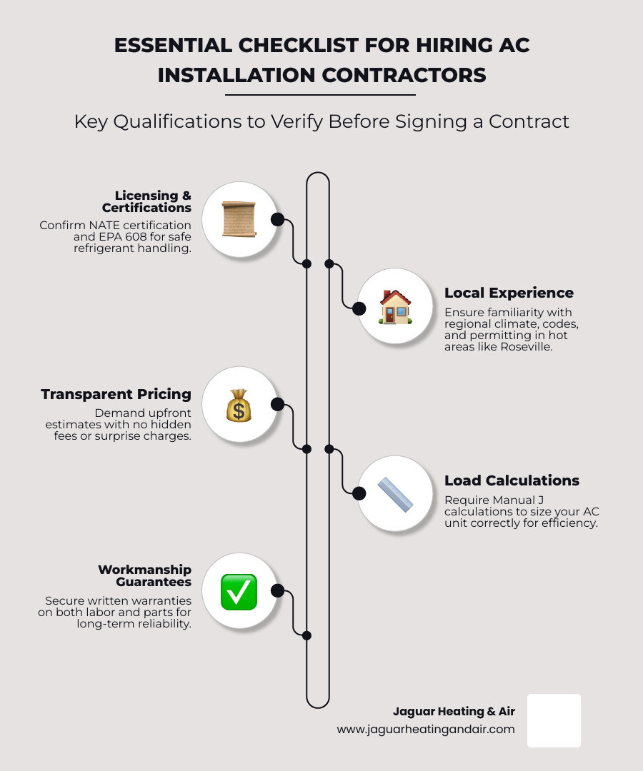 infographic showing the essential checklist for hiring AC installation contractors in Roseville including licensing verification, load calculation methods, installation timeline expectations, warranty coverage details, and local code compliance requirements - ac installation contractors in Roseville, CA infographic infographic-line-5-steps-elegant_beige