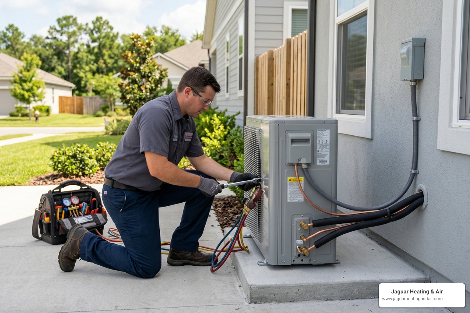 technician installing a multi-zone outdoor mini split unit alongside a house - mini split vs central ac cost comparison