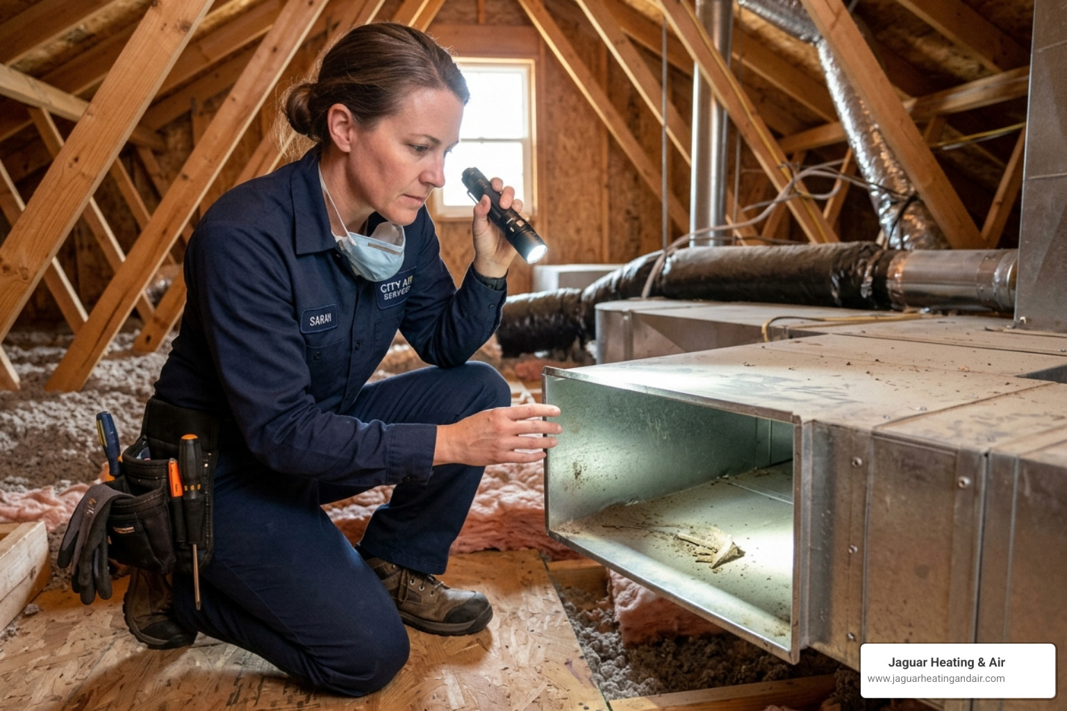Technician using a high-powered flashlight to inspect the interior of a metal air duct for dust and debris - how clean ducts