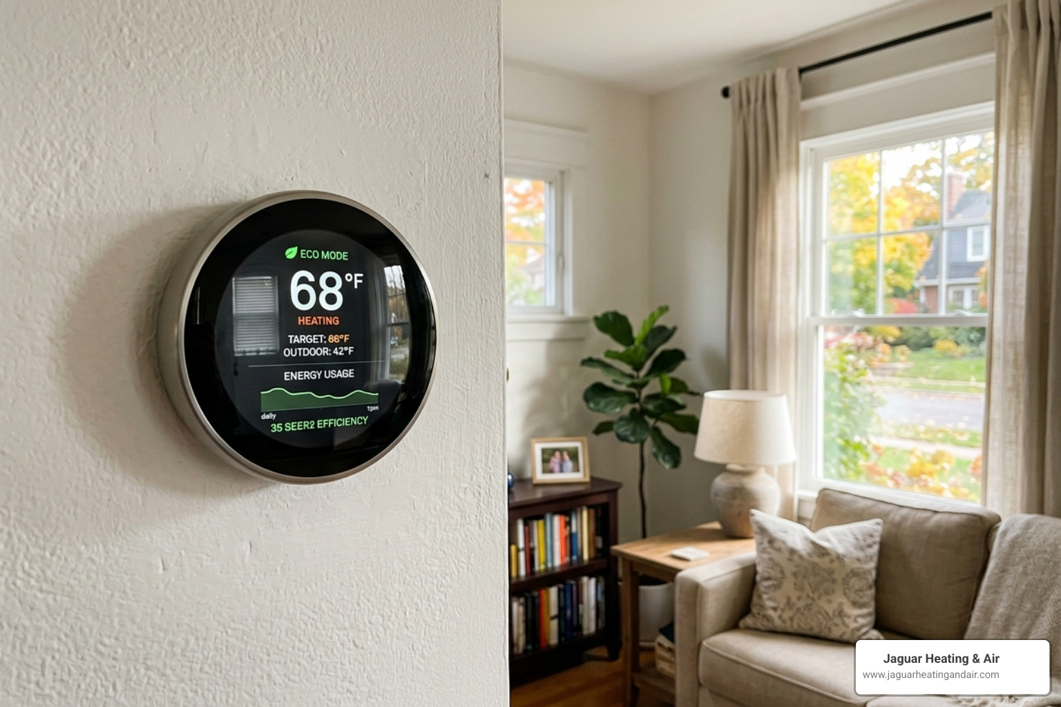 modern digital smart thermostat showing high efficiency settings in a comfortable home - central ac vs ductless mini split