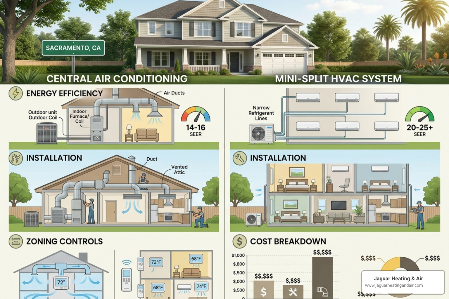 Infographic comparing central air vs mini split systems for Sacramento homes: efficiency, installation, zoning, and cost