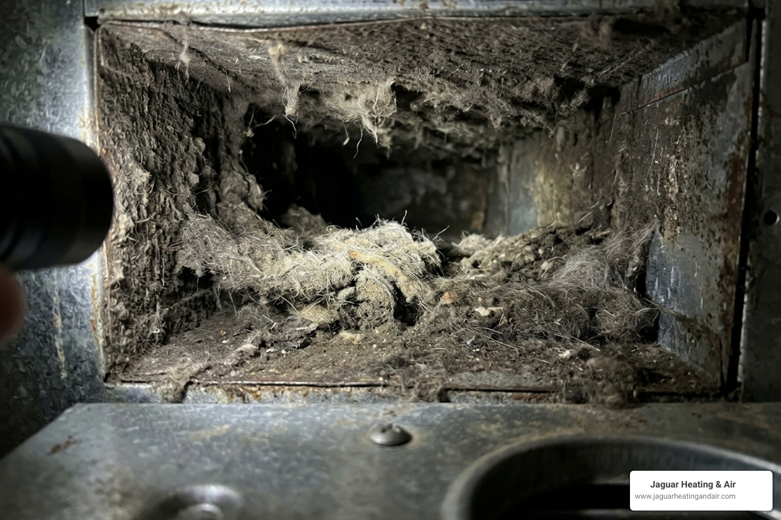 clogged and dusty air duct interior with thick debris - how dirty ducts affect your hvac performance