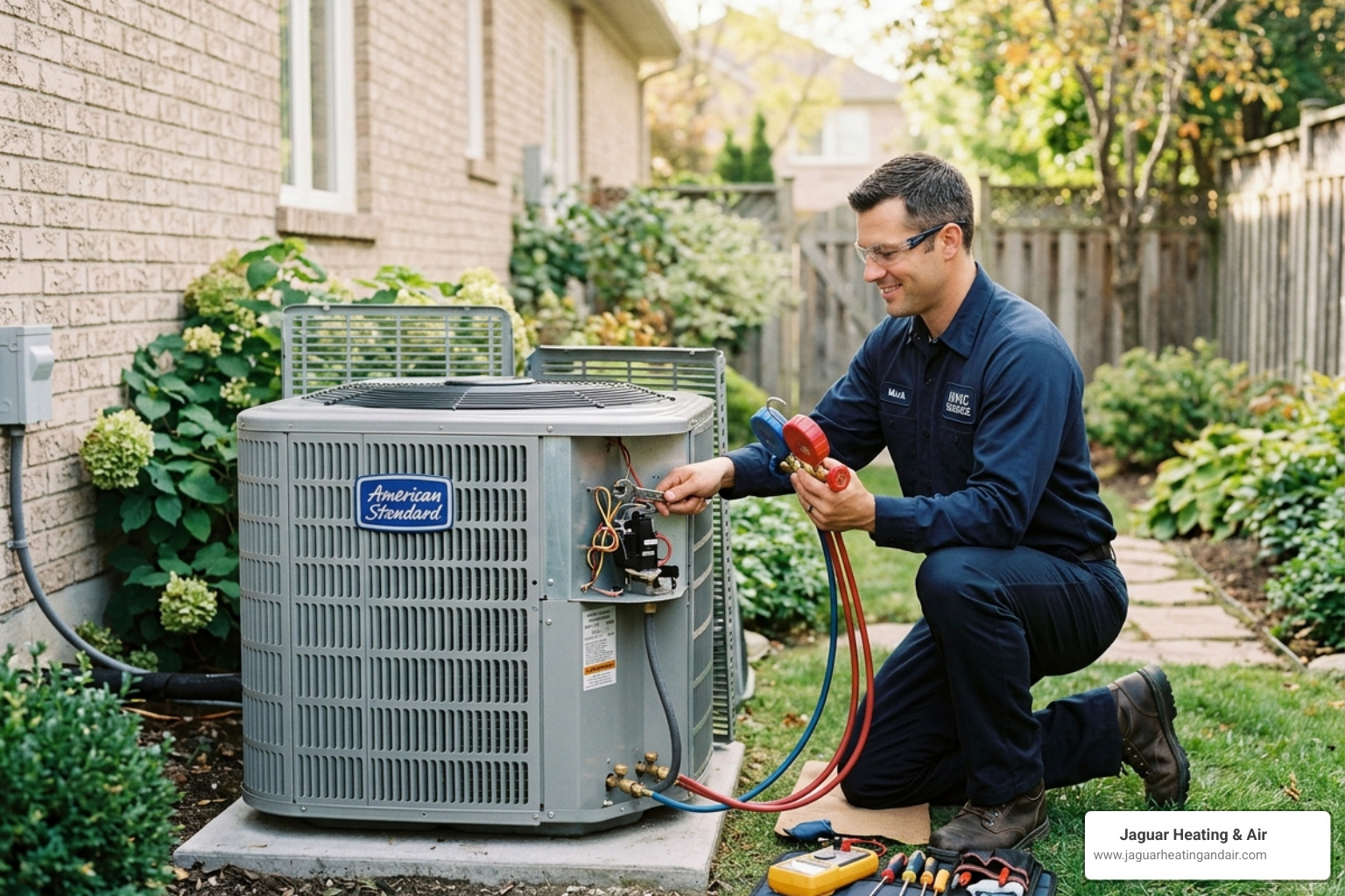 Professional technician performing a precision tune-up on an outdoor HVAC unit - benefits of choosing a trane comfort