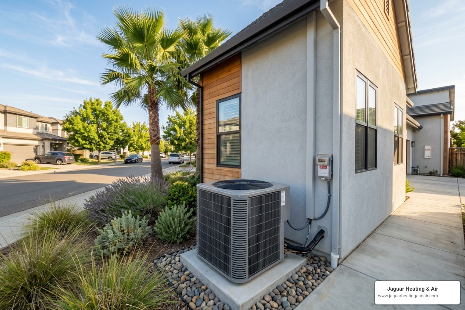 High-efficiency heat pump outdoor unit installed at a Sacramento residence - smud rebates for sacramento homeowners