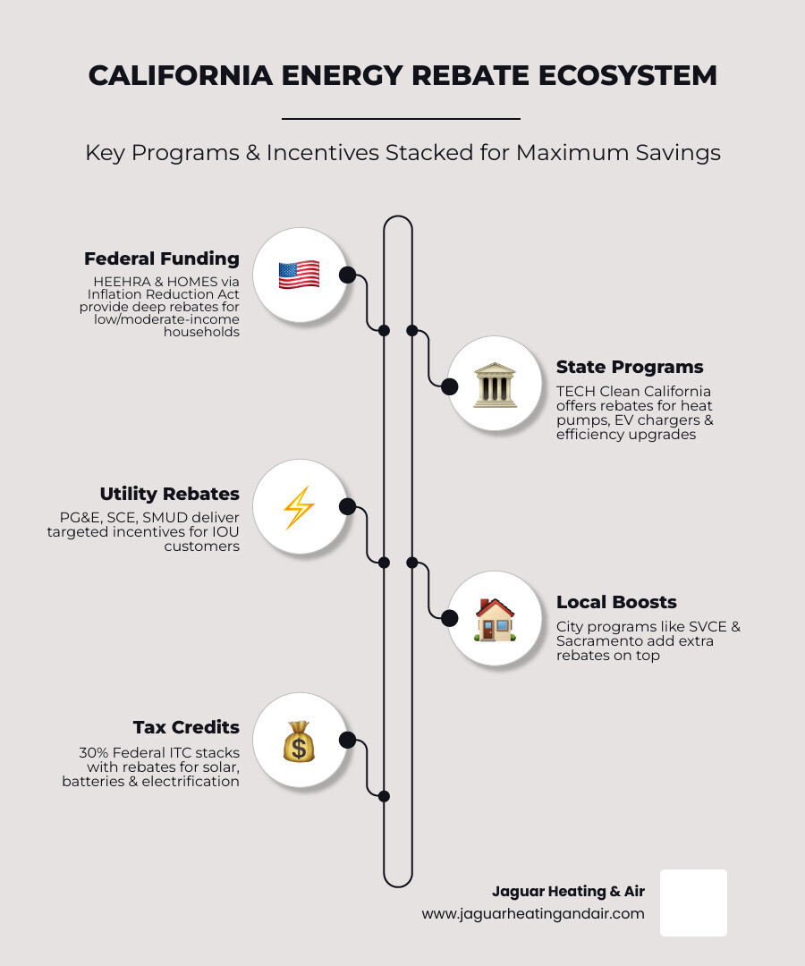 Infographic showing California energy rebate ecosystem with HEEHRA, TECH Clean California, utility rebates, and federal tax
