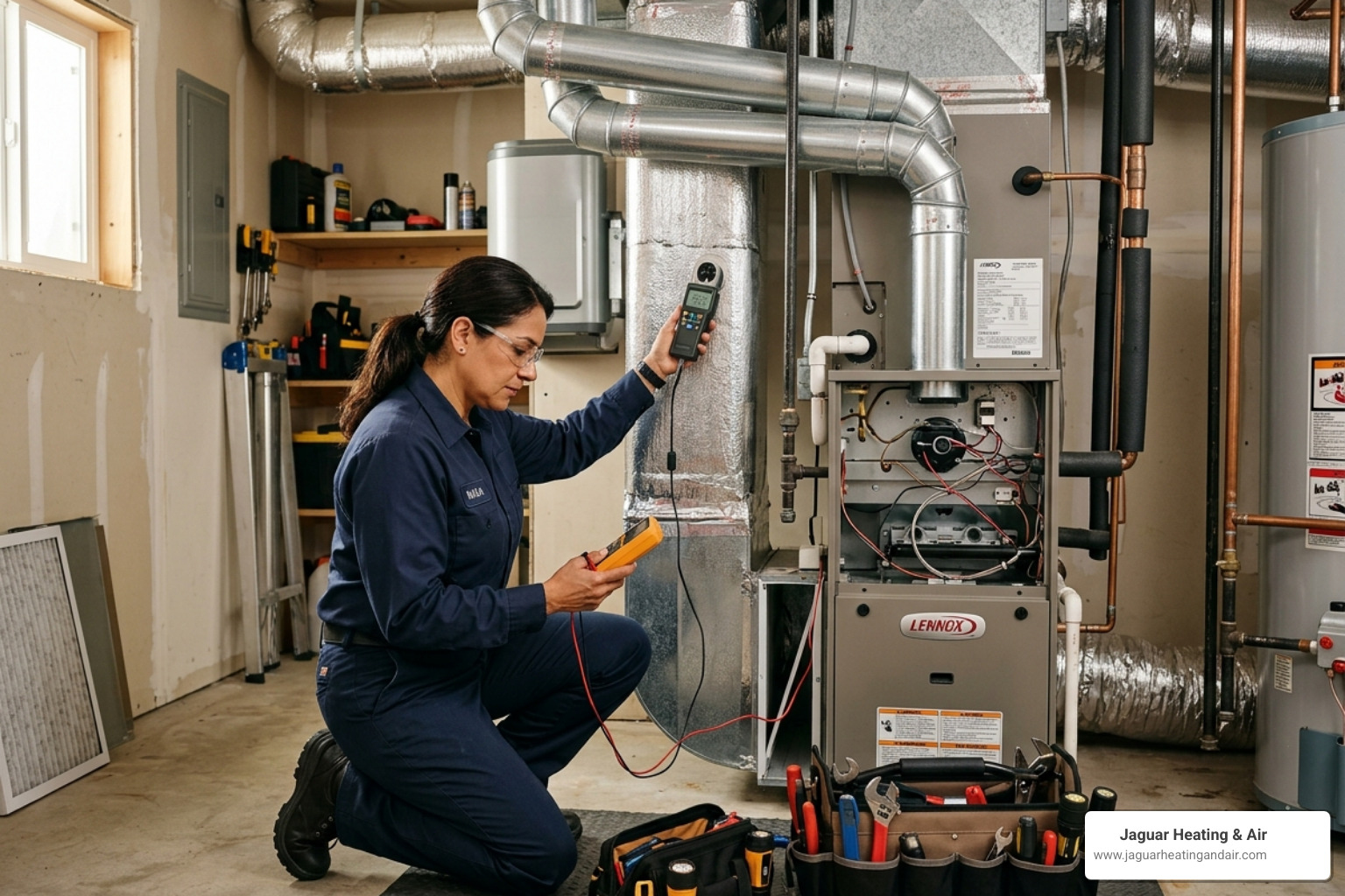 Certified HVAC technician in a professional uniform performing an energy evaluation on a home's ductwork and HVAC system