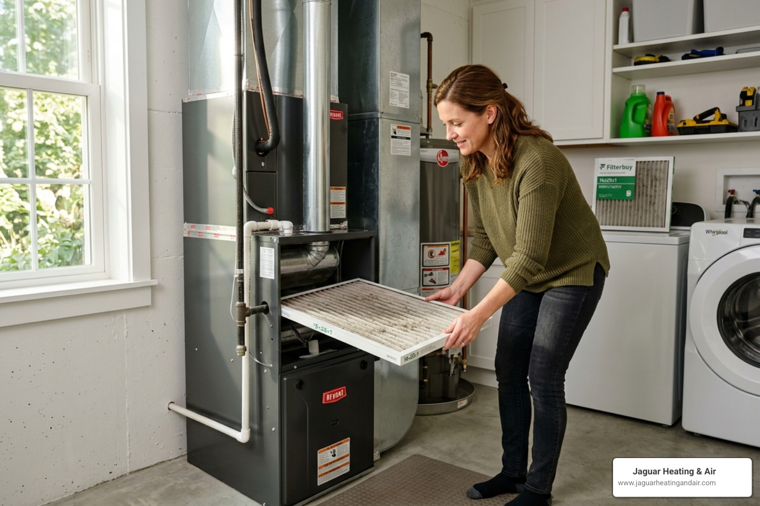 Homeowner checking a furnace filter in a bright utility room - how often should you change your hvac air filter Homeowner checking a furnace filter in a bright utility room - how often should you change your hvac air filter