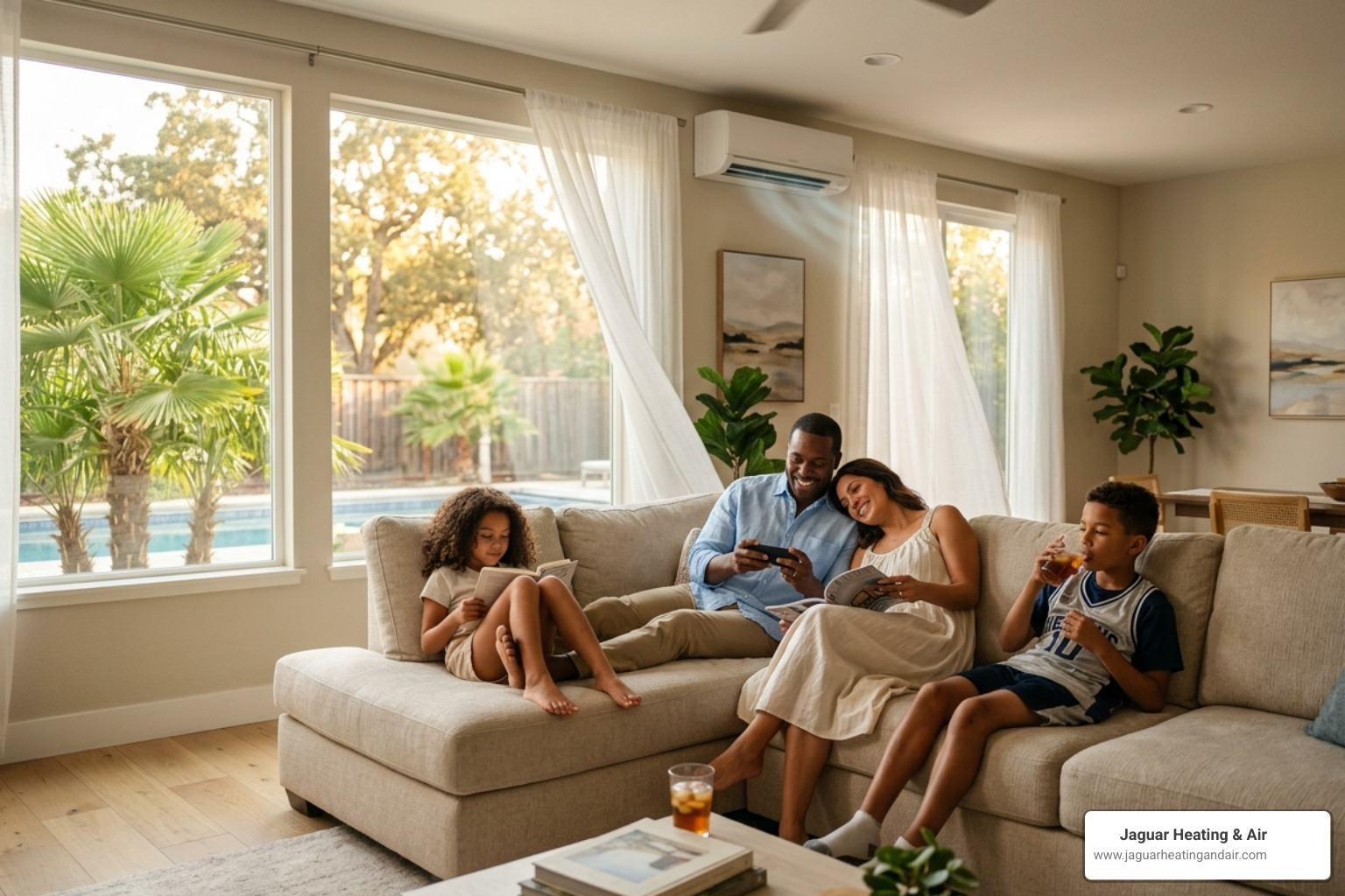 A comfortable Sacramento family room during a summer heatwave - heat pump benefits for sacramento homeowners A comfortable Sacramento family room during a summer heatwave - heat pump benefits for sacramento homeowners