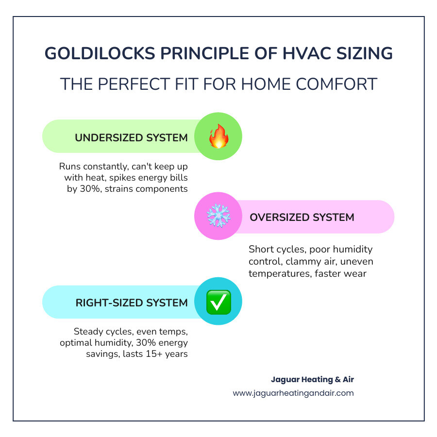 Goldilocks principle of HVAC sizing showing undersized, oversized, and right-sized system outcomes - why correct system Goldilocks principle of HVAC sizing showing undersized, oversized, and right-sized system outcomes - why correct system