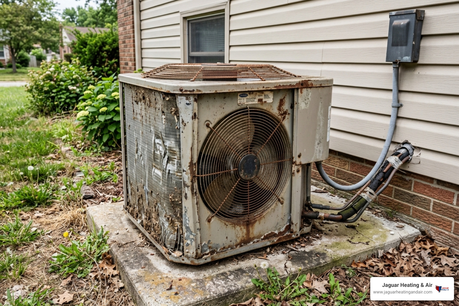 Aging outdoor air conditioning unit showing signs of wear and tear - when to repair vs replace your hvac system Aging outdoor air conditioning unit showing signs of wear and tear - when to repair vs replace your hvac system