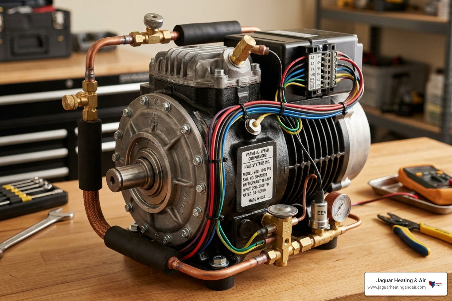 A detailed view of a variable-speed compressor component in a high-efficiency HVAC unit - standard efficiency vs high A detailed view of a variable-speed compressor component in a high-efficiency HVAC unit - standard efficiency vs high
