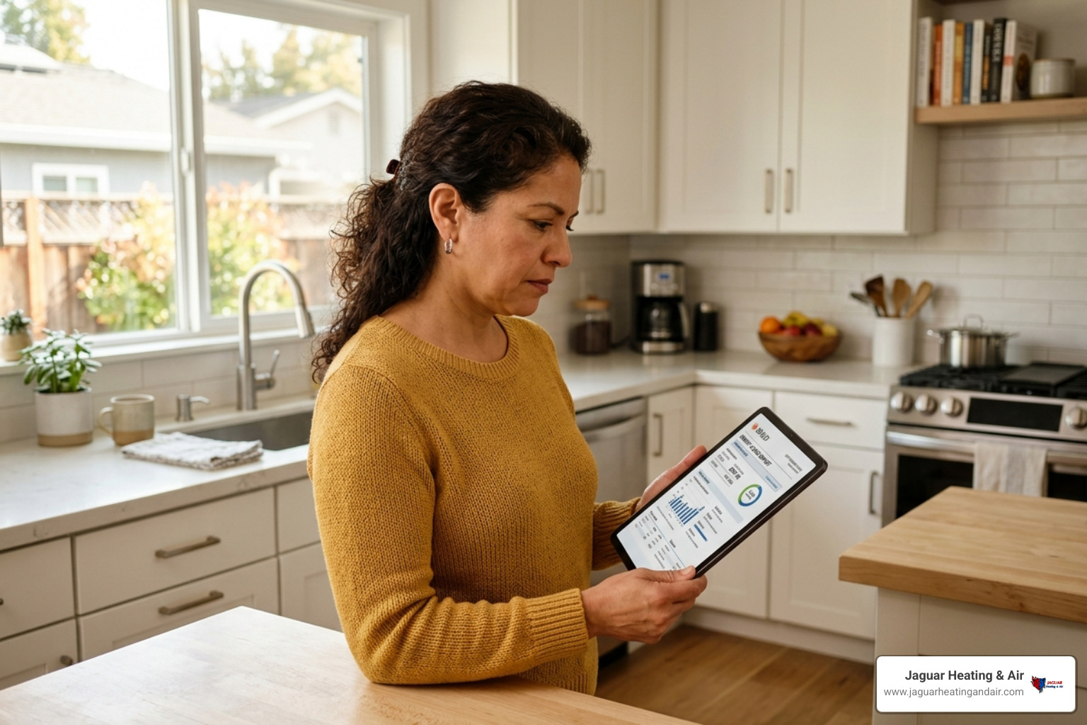 a homeowner in Sacramento reviewing a digital energy bill on a tablet with a concerned but determined expression a homeowner in Sacramento reviewing a digital energy bill on a tablet with a concerned but determined expression
