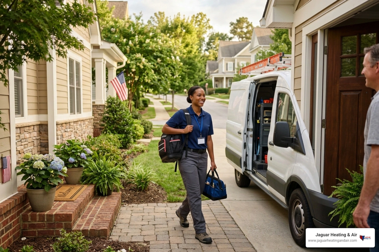A professional Jaguar Heating & Air technician arriving at a home in a friendly, local neighborhood - membership plan vs pay A professional Jaguar Heating & Air technician arriving at a home in a friendly, local neighborhood - membership plan vs pay