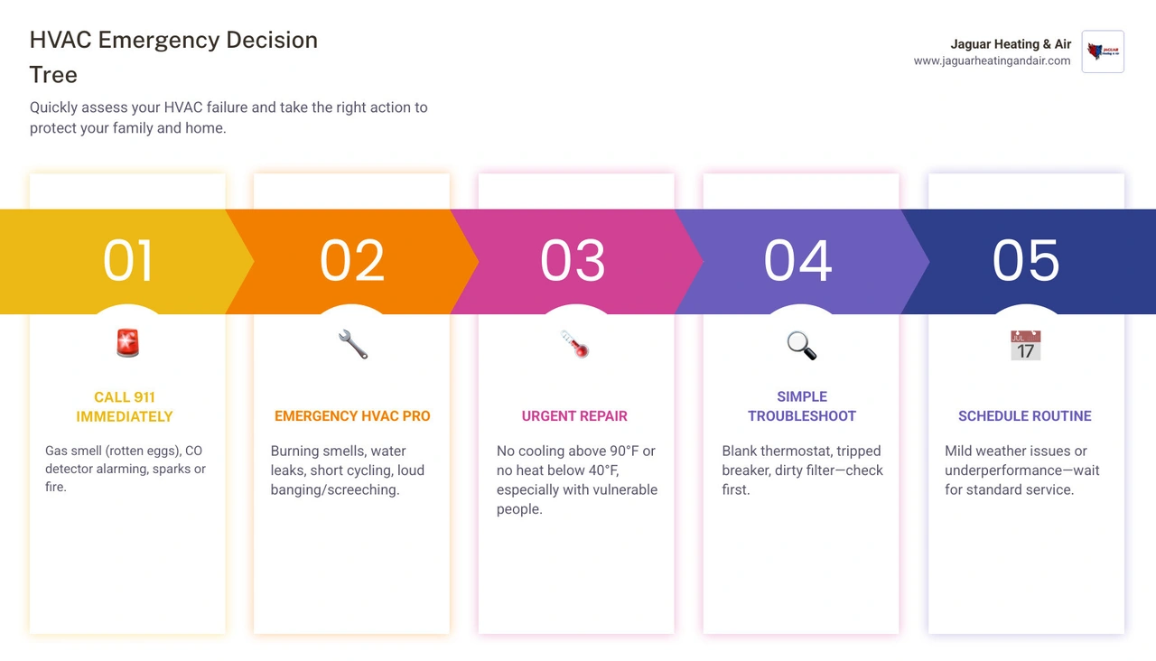 HVAC emergency decision tree flowchart showing when to call 911, emergency repair, or wait for standard service infographic HVAC emergency decision tree flowchart showing when to call 911, emergency repair, or wait for standard service infographic