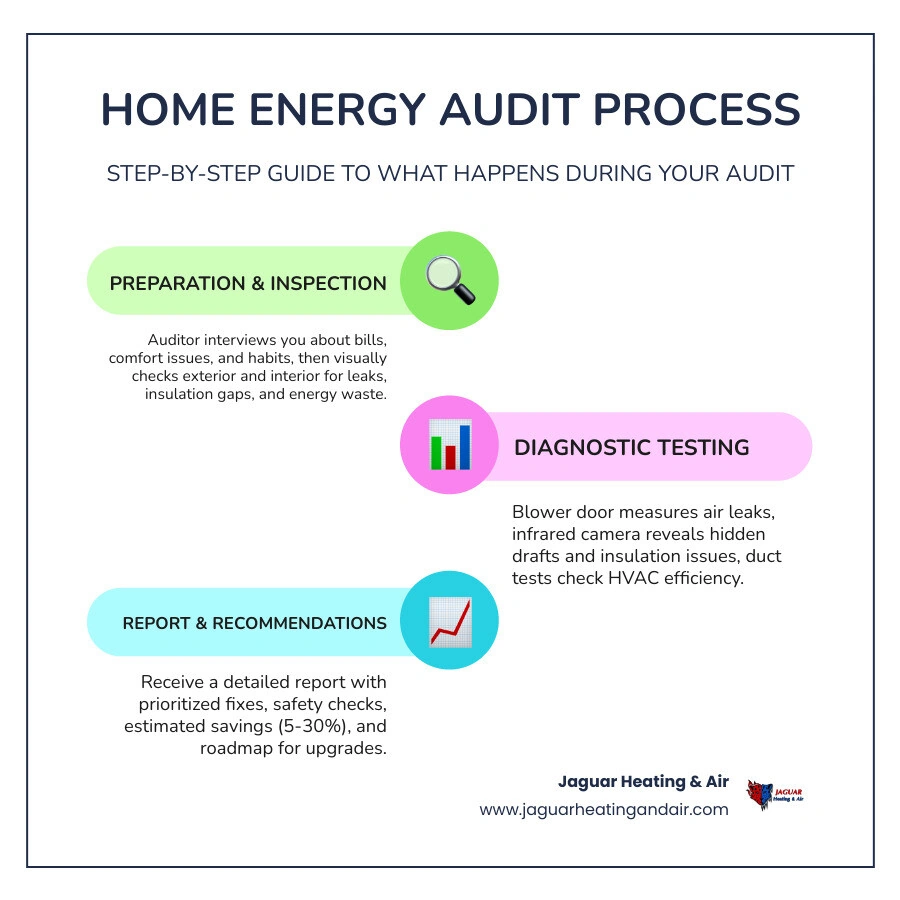 Step-by-step infographic of the home energy audit process from interview to final report infographic Step-by-step infographic of the home energy audit process from interview to final report infographic