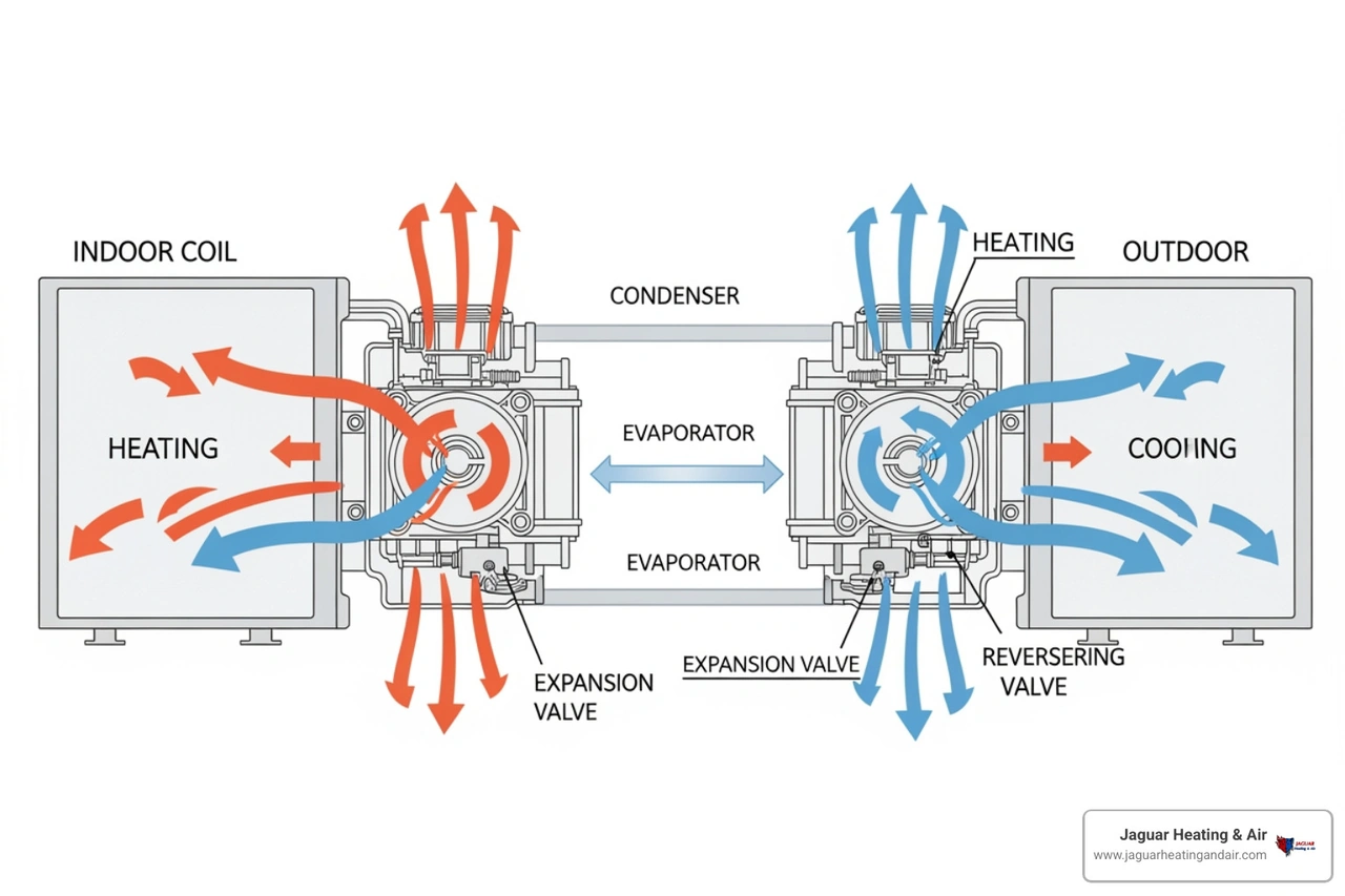 Diagram of a heat pump showing the refrigerant cycle and reversing valve