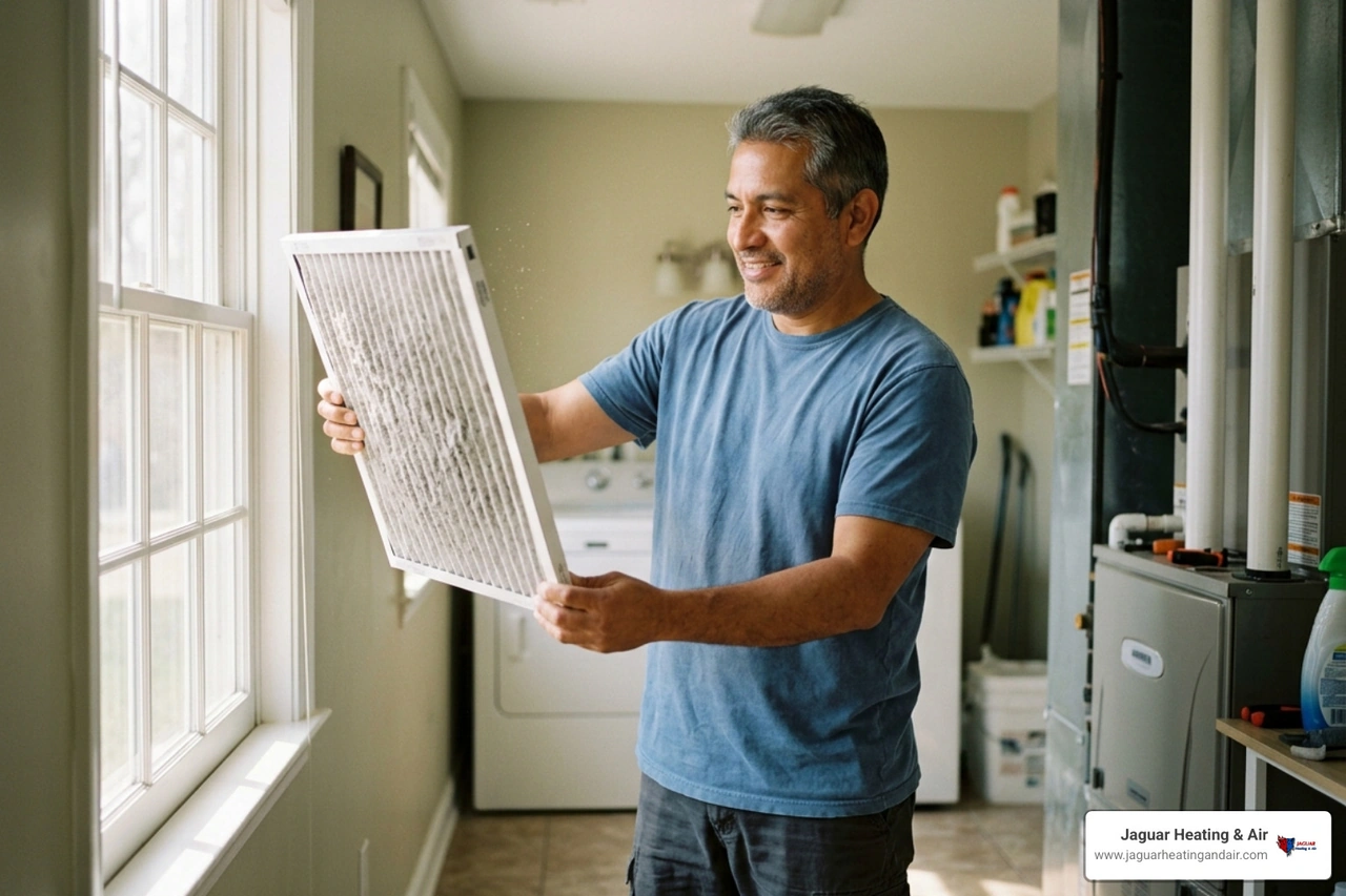 homeowner performing the light test on an HVAC air filter - how hot dry valley affects filter replacement frequency homeowner performing the light test on an HVAC air filter - how hot dry valley affects filter replacement frequency