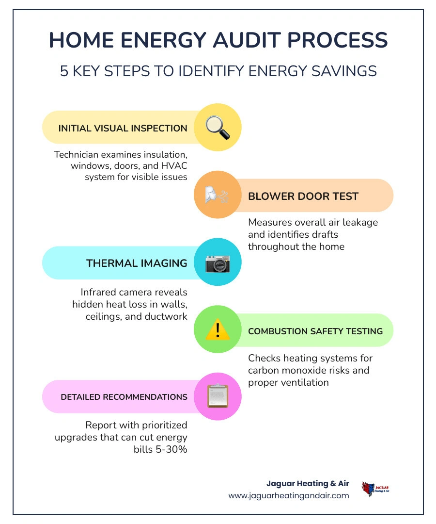 Infographic showing home energy audit process steps including inspection, blower door test, thermal imaging, and Infographic showing home energy audit process steps including inspection, blower door test, thermal imaging, and