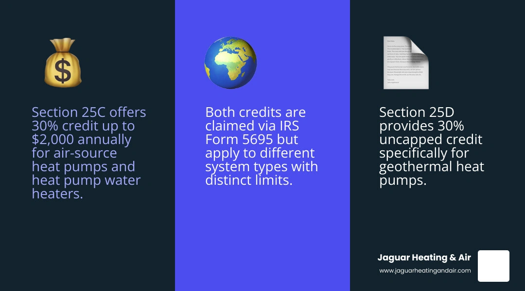 Infographic showing 25C vs 25D federal heat pump tax credit comparison with amounts and eligibility - federal tax credits