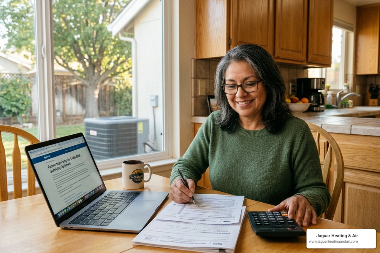 Homeowner in Sacramento reviewing energy bills and tax documents for heat pump credits - federal tax credits for heat pump