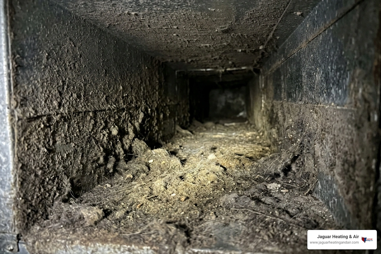 dust accumulation inside a dark air duct providing a food source for mold - how clean ducts reduce mold risk in your home