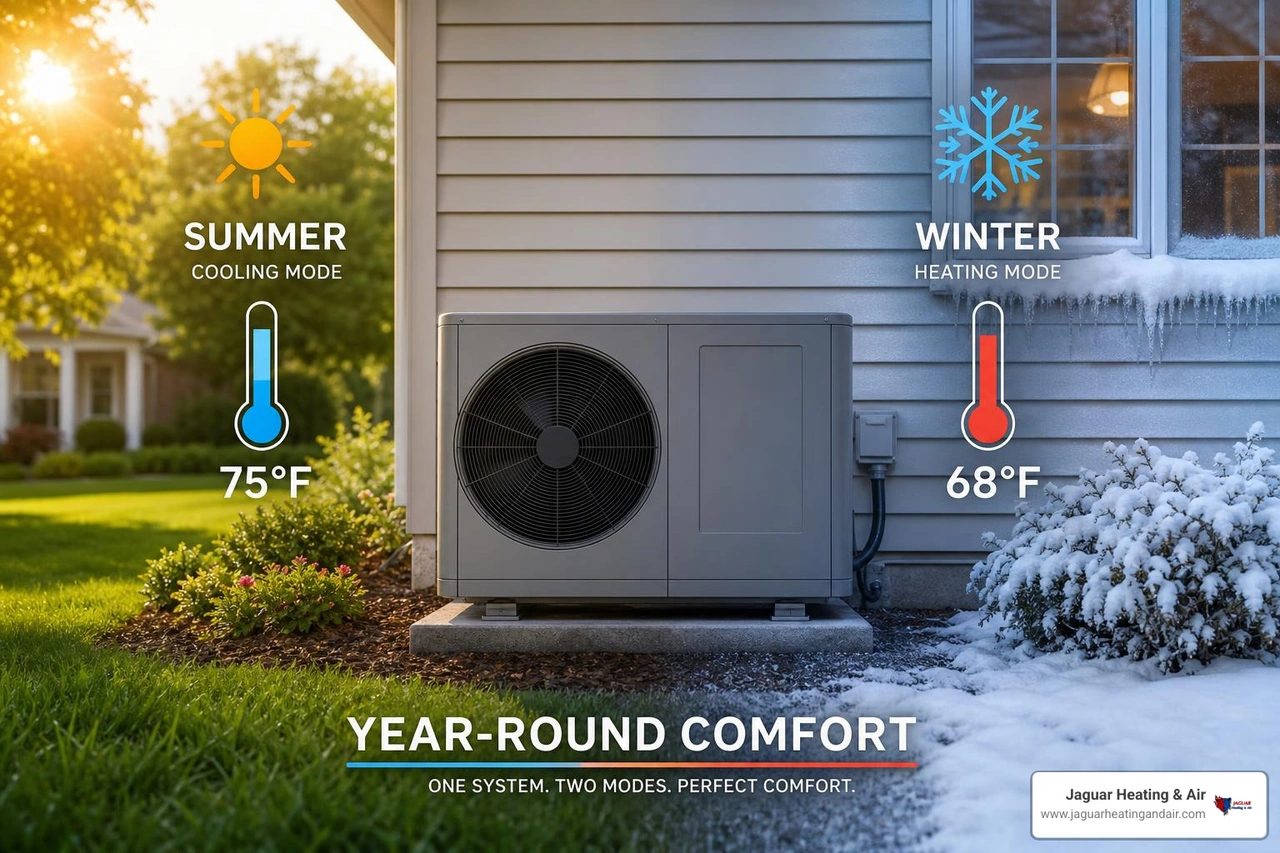Infographic showing heat pump efficiency COP values across temperature ranges from extreme cold to extreme heat with dual