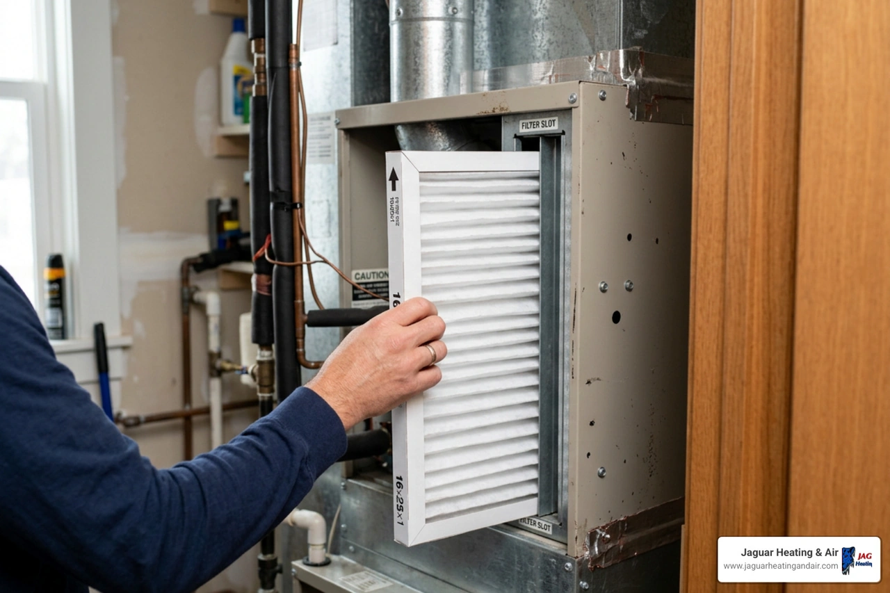 clean air filter being inserted into an HVAC unit clean air filter being inserted into an HVAC unit